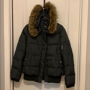 Puffer jacket with convertible fur rimmed hood